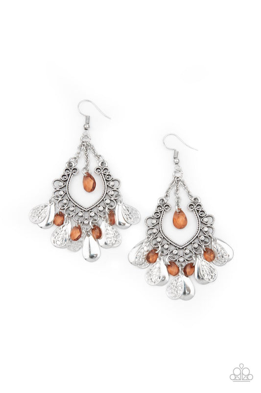 Paparazzi Musical Gardens Brown Earring  brown crystal-like teardrops  and filigree-filled silver