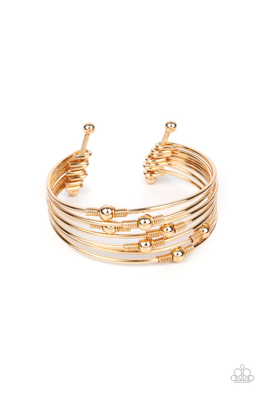 Industrial Intricacies Gold Bracelet Paparazzi Accessories classic gold beads in dainty gold bars 