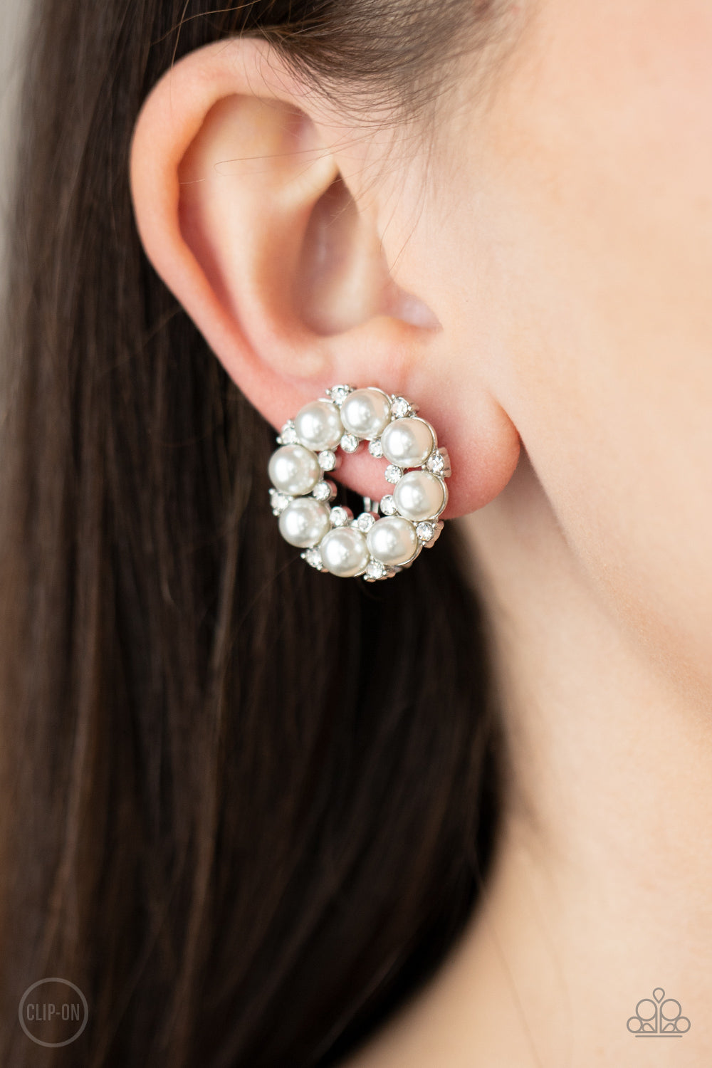 Paparazzi Earring ~ Roundabout Ritz - White Clip-On Studs