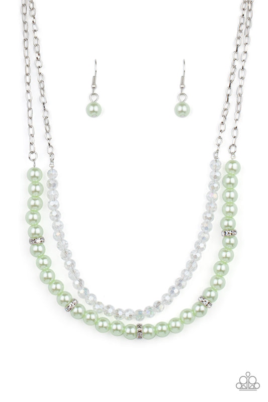 Parisian Princess Green Necklace Paparazzi Accessories. #P2RE-GRXX-231XX. Pearly Green Ash Beads