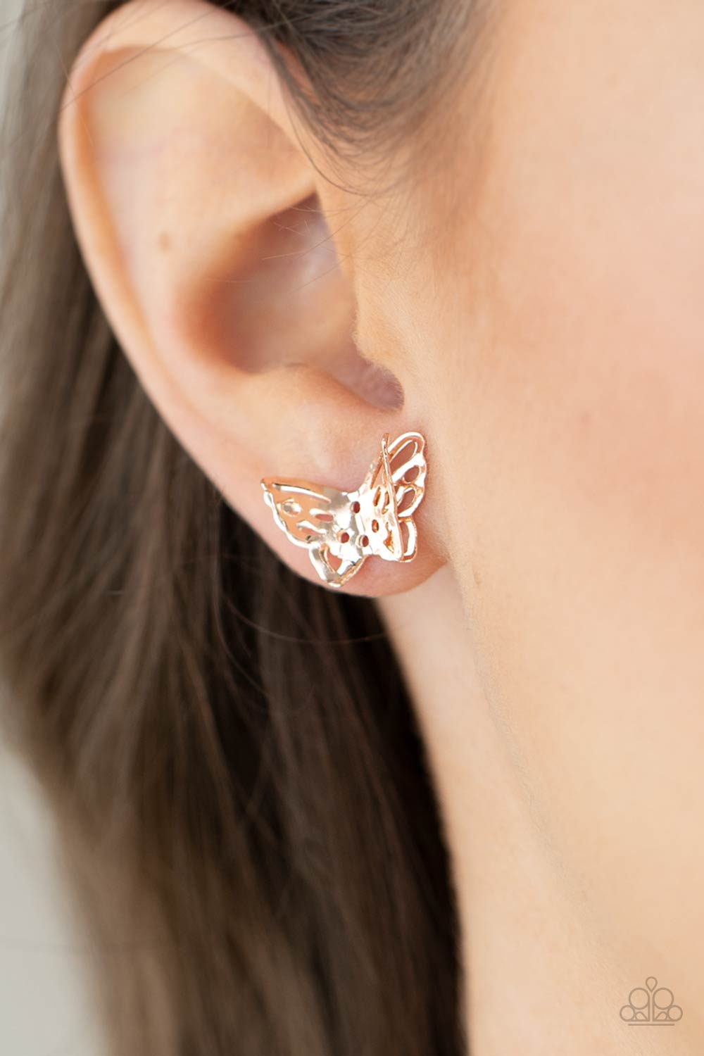 Flutter Fantasy - Rose Gold Butterfly Earrings Paparazzi Accessories. #P5PO-GDRS-140XX
