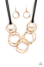 Load image into Gallery viewer, Paparazzi Spiraling Out of COUTURE Gold Necklace with Suede Cord. $5 Jewelry. #P2ST-GDXX-121XX
