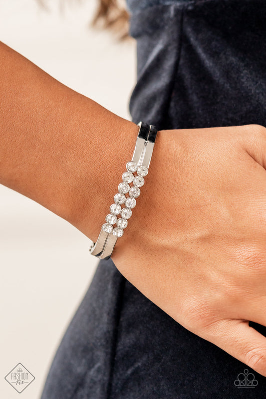 Doubled Down Dazzle - White Bracelet Paparazzi Accessories Fashion Fix Hinged Closure Bracelet
