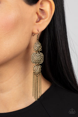 Eastern Elegance Brass filigree Fringe Earring Paparazzi Accessories. #P5ST-BRXX-016XX. Free Ship