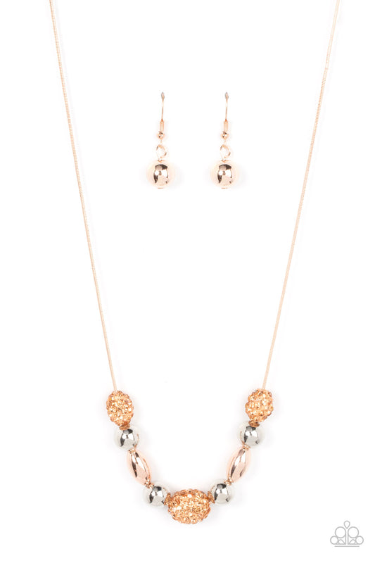 Paparazzi Space Glam Multi Rose Gold Necklace with complimentary earrings. #P2DA-MTXX-075XX. 