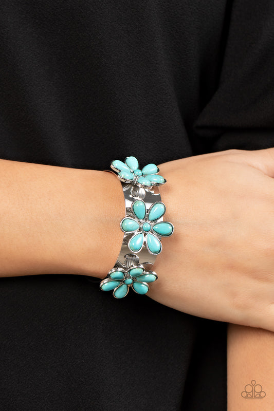 Desert Flower Patch - Blue Stone Bracelet Paparazzi Accessories Cuff Bracelet #P9WH-BLXX-262XX