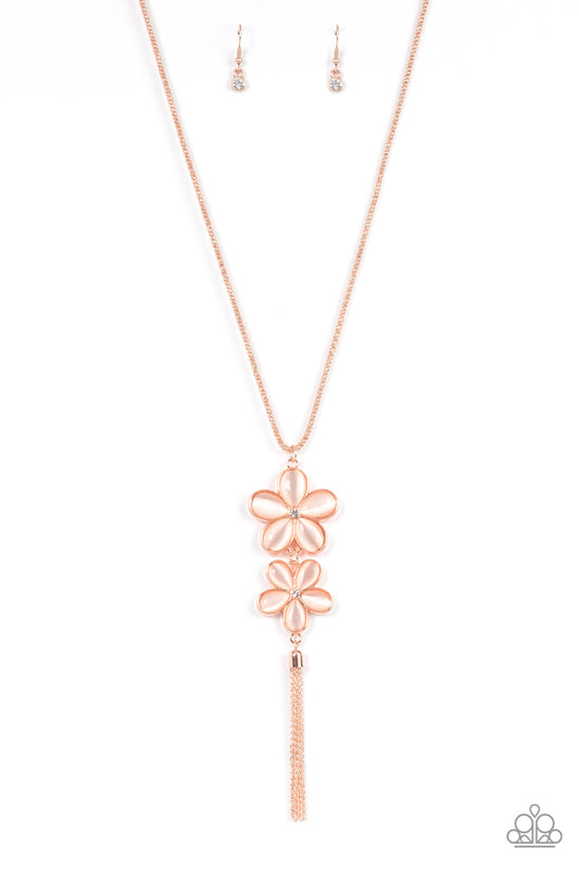 Perennial Powerhouse Rose Gold Peach Cat's Eye Stone Long Necklace Paparazzi Accessories. 