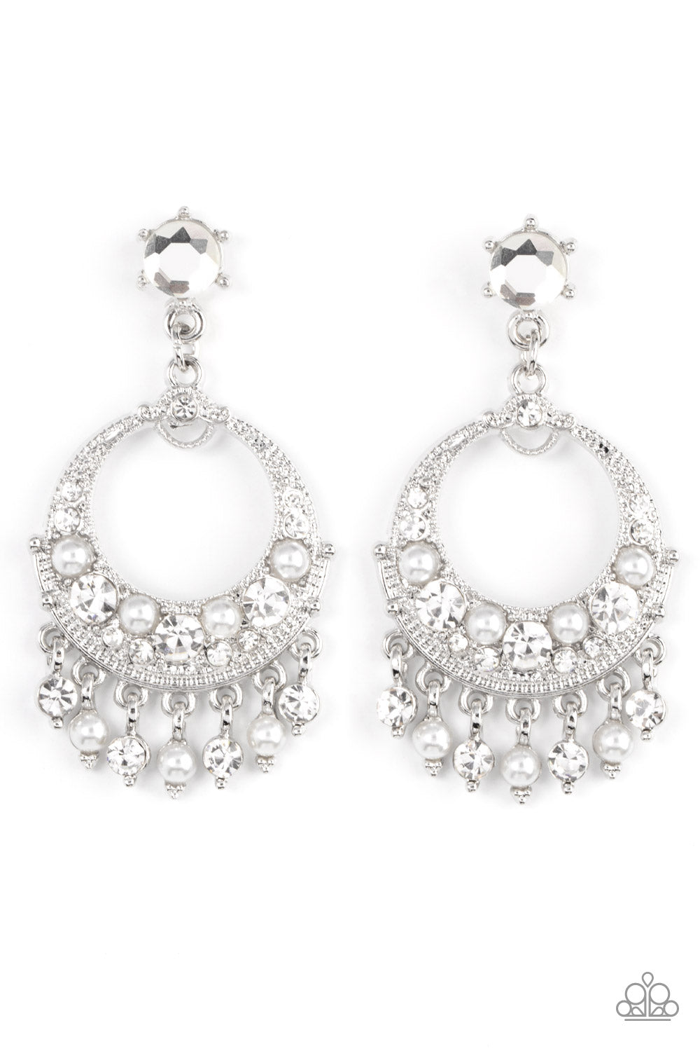 Paparazzi Marrakesh Request White Earrings. #P5PO-WTXX-325XX. White pearl and white rhinestone