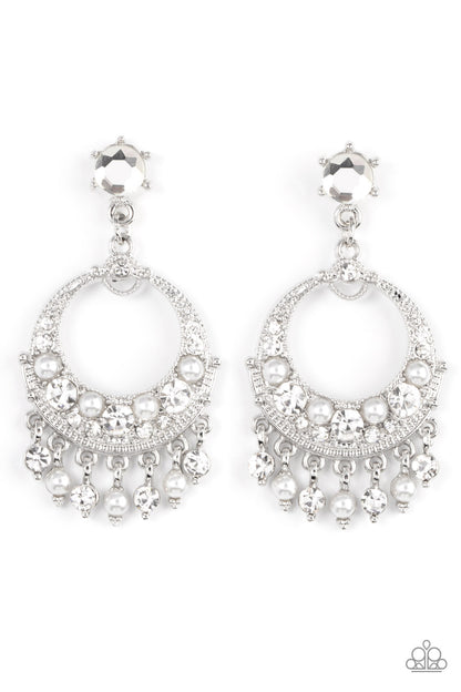 Paparazzi Marrakesh Request White Earrings. #P5PO-WTXX-325XX. White pearl and white rhinestone