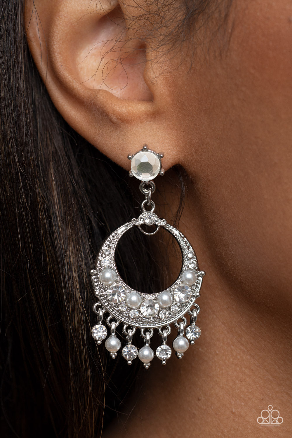 Marrakesh Request White Pearl and Rhinestone Earrings Paparazzi Accessories. #P5PO-WTXX-325XX