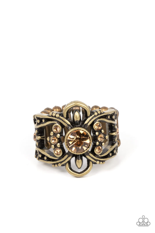 Paparazzi We Wear Crowns Here - Brass Floral Ring. Get Free Shipping! #P4RE-BRXX-136XX