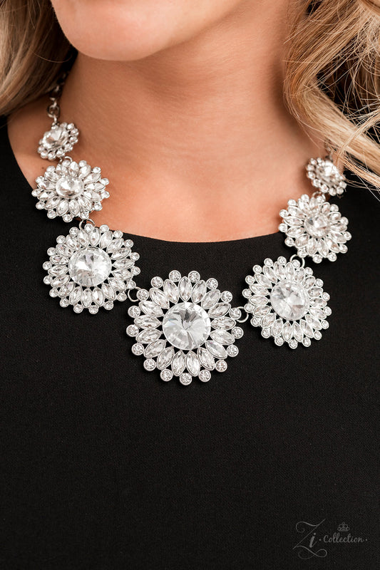 Optimistic White Floral Zi Necklace Paparazzi Accessories 2022 Zi Necklace Collection. #Z2213.