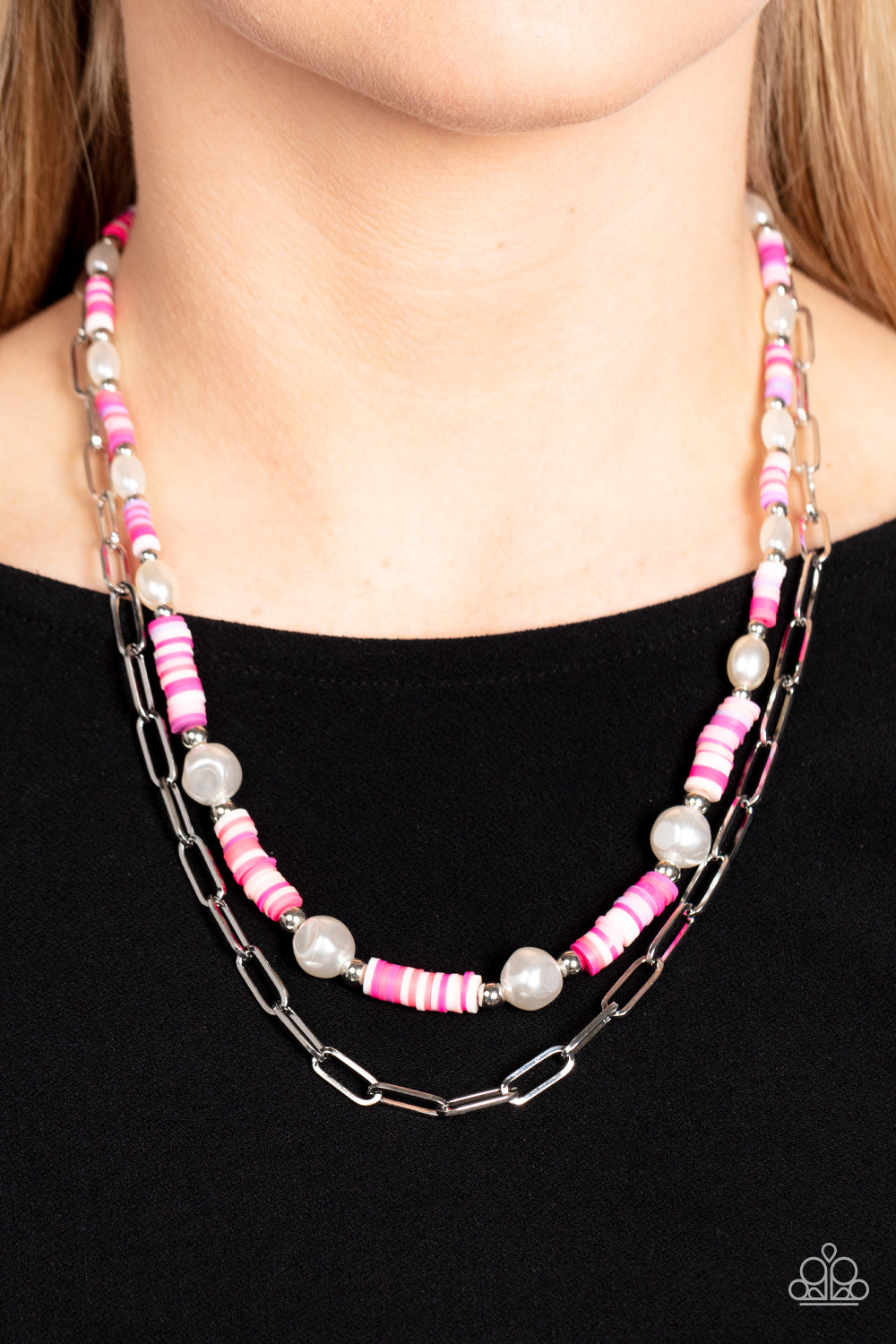 Tidal Trendsetter Pink, Purple and White Pearl Multi Layer Necklace Paparazzi Accessories. 