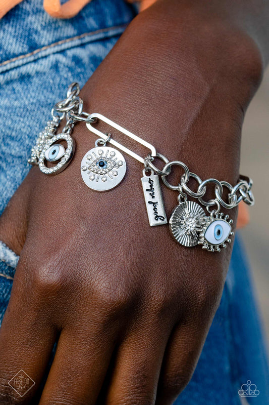 Paparazzi VIBE to the Rhythm $8 Bracelet. Stamped Good Vibes. Eye Bracelet with charms