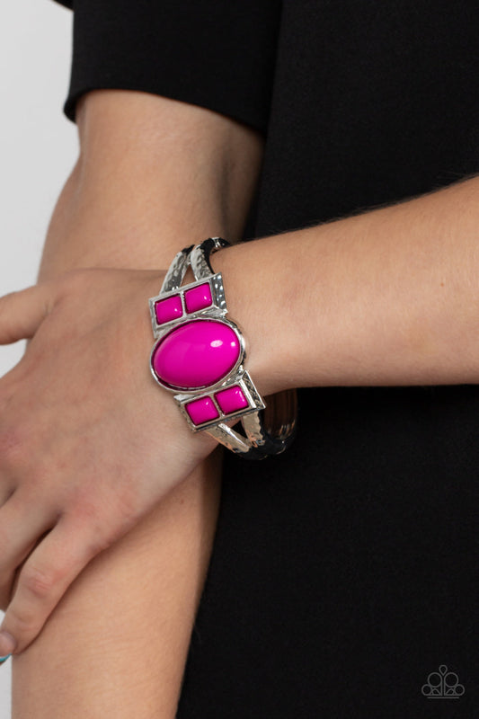 Paparazzi A Touch of Tiki - Pink Hinged Closure Bracelet. #P9SE-PKXX-155XX. Ships Free!