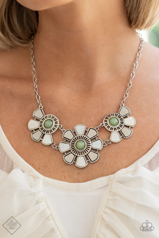 Paparazzi Aquatic Garden - Green Floral Necklace. #P2ST-GRXX-113IC. Get Free Shipping!
