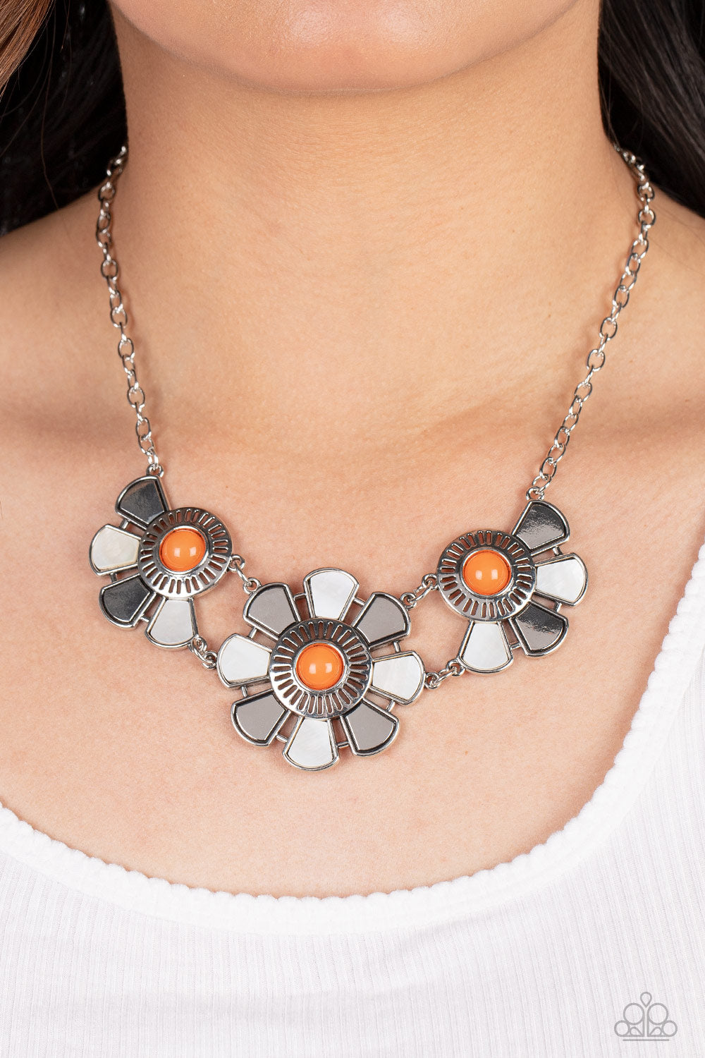 Aquatic Garden Orange Sea-Shell Petal Flower Necklace Paparazzi Accessories. Get Free Shipping.