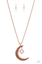 Load image into Gallery viewer, Paparazzi Astral Ascension Copper Necklace. Crescent Pendant Long Necklace. #P2SE-CPXX-152XX 
