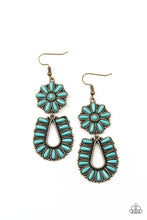 Load image into Gallery viewer, Paparazzi Badlands Eden Brass Earrings connect into a squash blossom Turquoise Blue Stone Earring
