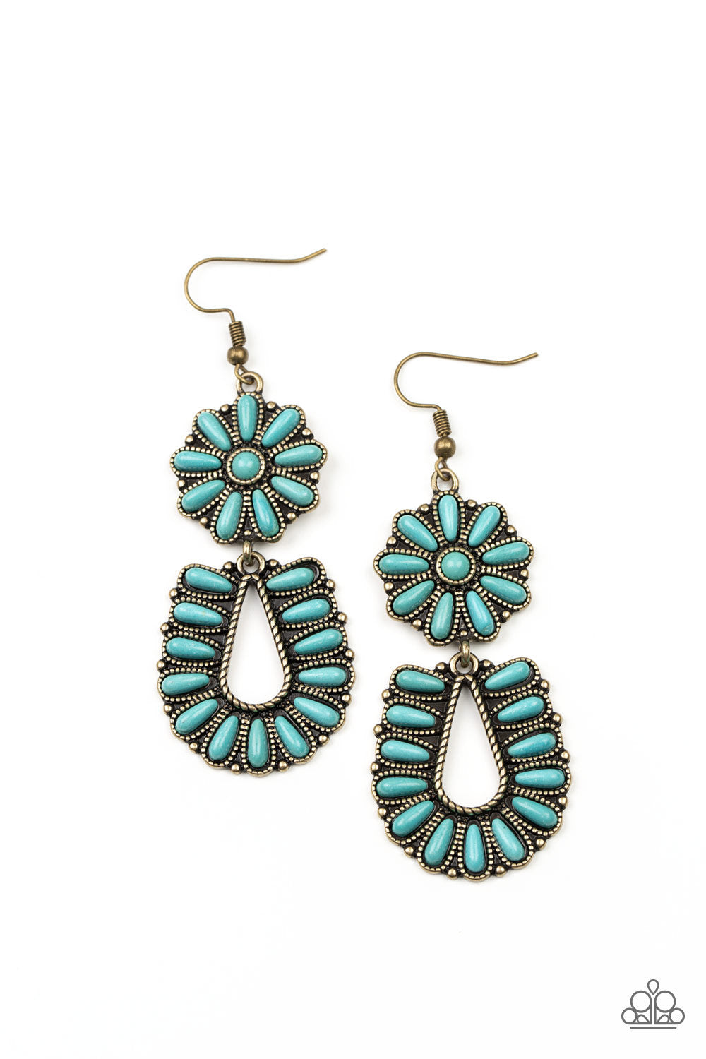 Paparazzi Badlands Eden Brass Earrings connect into a squash blossom Turquoise Blue Stone Earring