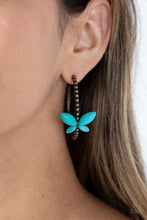 Load image into Gallery viewer, Paparazzi Bohemian Butterfly Brass $5 Earring. Get Free Shipping.  #P5HO-BRXX-136XX. Turquoise Blue
