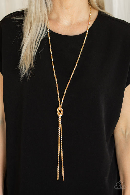 Paparazzi Born Ready - Gold Long Necklace (P2ED-GDXX-119XX) knot style