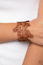 Load image into Gallery viewer, Butterfly Breeze Brown Leather Snap Closure Bracelet Paparazzi Accessories. Get Free Shipping. 
