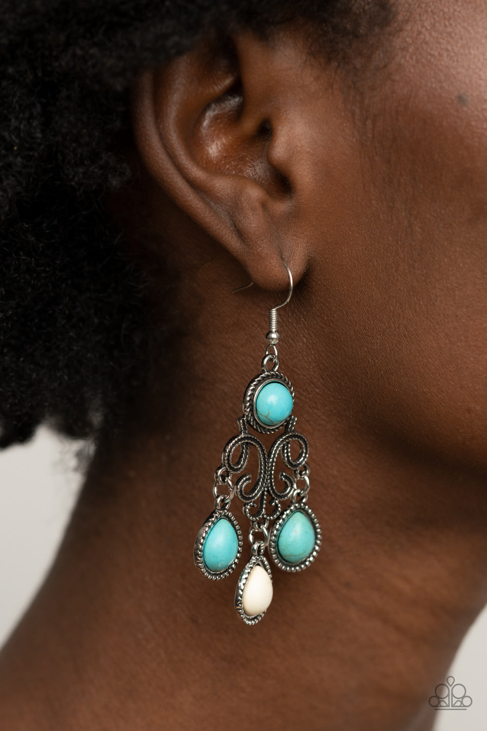 Paparazzi Canyon Chandelier Turquoise Blue and White Stone Earrings. #P5SE-MTXX-118XX. Ships Free 
