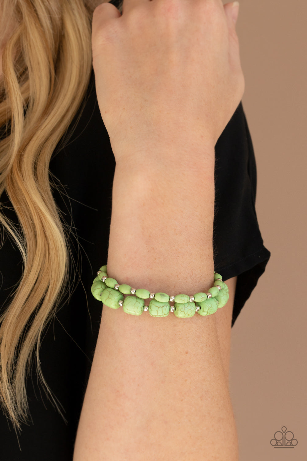 Colorfully Country Green Stone and Beads Stretchy Bracelet Paparazzi Accessories. Free Shipping.
