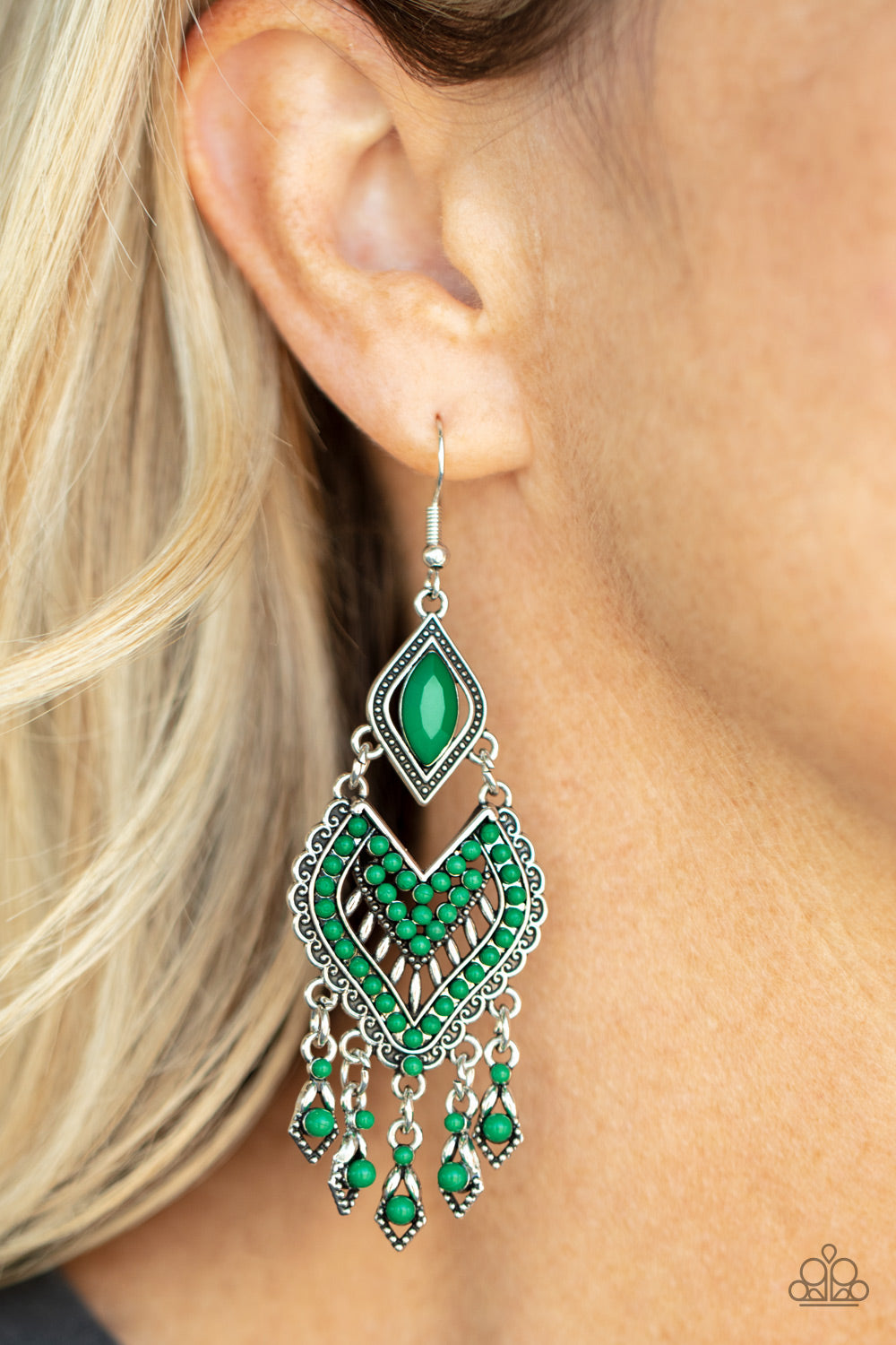 Dearly Debonair Green Fringe Earrings Paparazzi Accessories. #P5SE-GRXX-131XX. Leprechaun