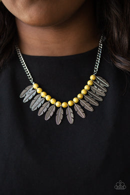 Paparazzi Necklace ~ Desert Plumes Yellow Stone Beads with Silver Feather Necklace