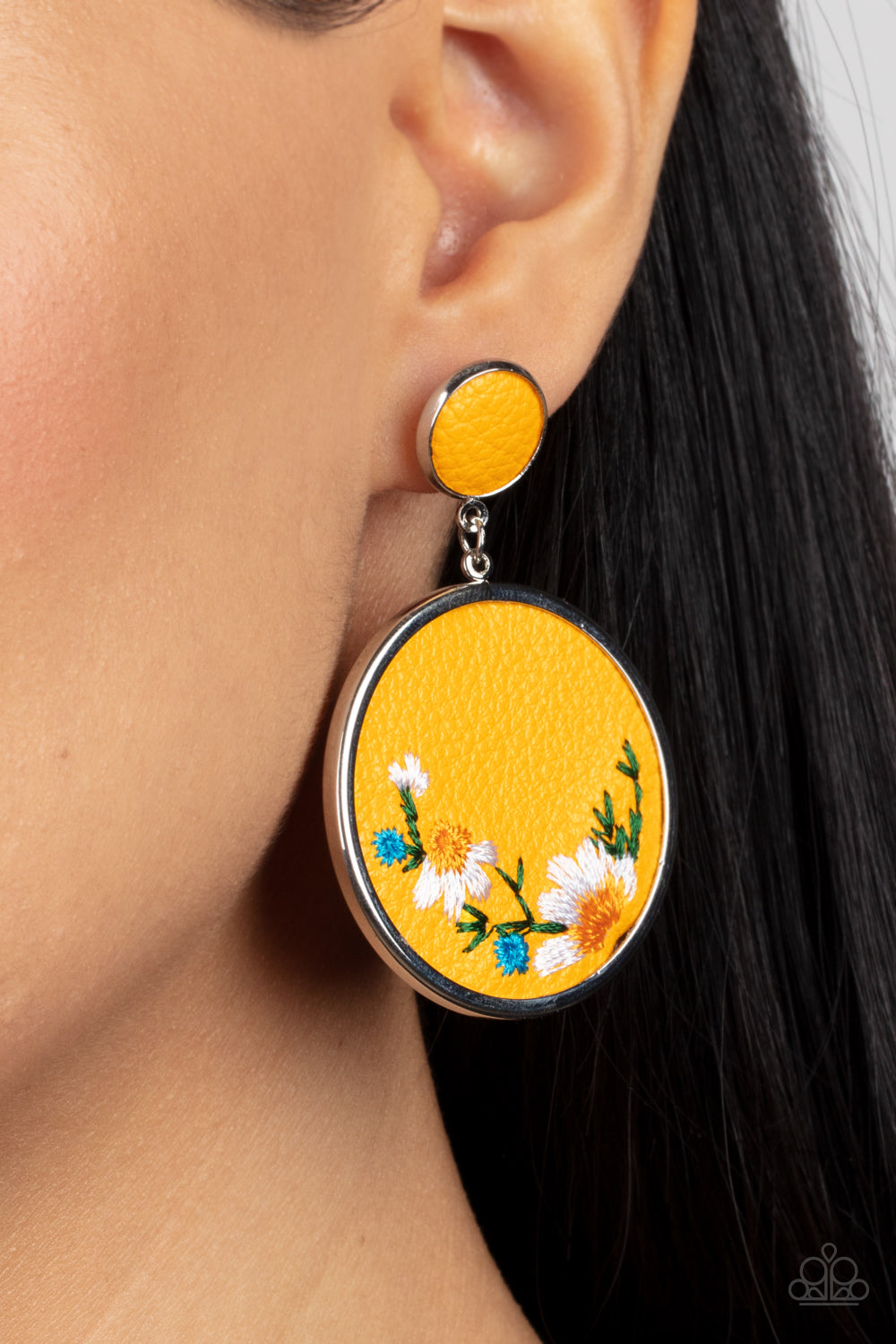 Embroidered Gardens Yellow Earrings Paparazzi Accessories . #P5PO-YWXX-030XX. Leather Post Earring