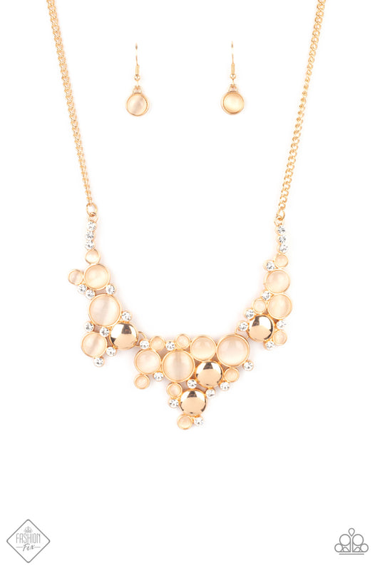Paparazzi Fairytale Affair Gold Necklace. #P2ST-GDXX-097AW. Champagne Cat's Eye stone