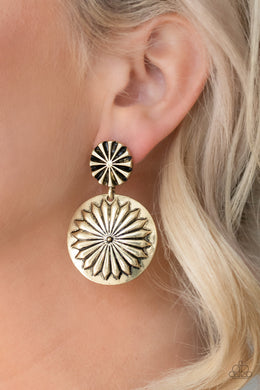 Paparazzi Fierce Florals - Brass Post Style Earring embossed in a shimmer floral pattern