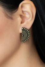 Load image into Gallery viewer, Fiercely Fanned Out Brass Earring Paparazzi $5 Jewelry. Half moon Post Earrings. Spring $5 Fashion 
