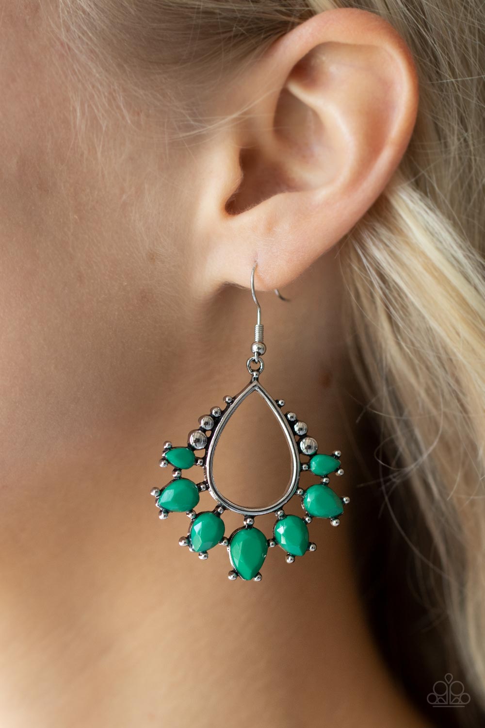 Paparazzi Flamboyant Ferocity Green Earrings #P5ST-GRXX-023XX A Leprechaun teardrop green beads