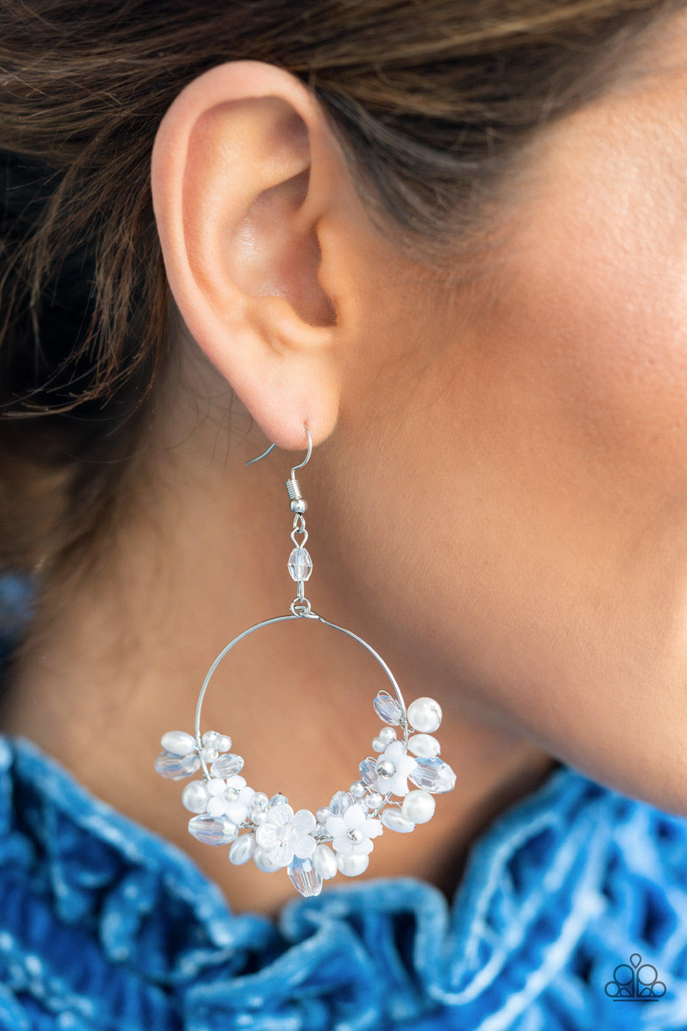 Paparazzi Floating Gardens White Iridescent Earrings. Hoop Style. Ships Free! #P5WH-WTXX-233XX