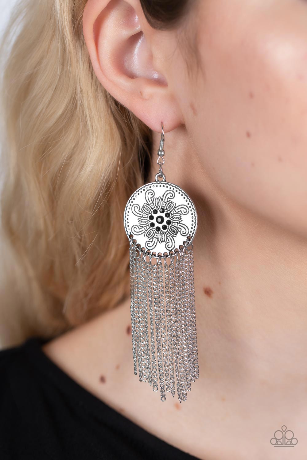 Paparazzi Fringe Control Black Earring Floral pattern long fringe style earring 