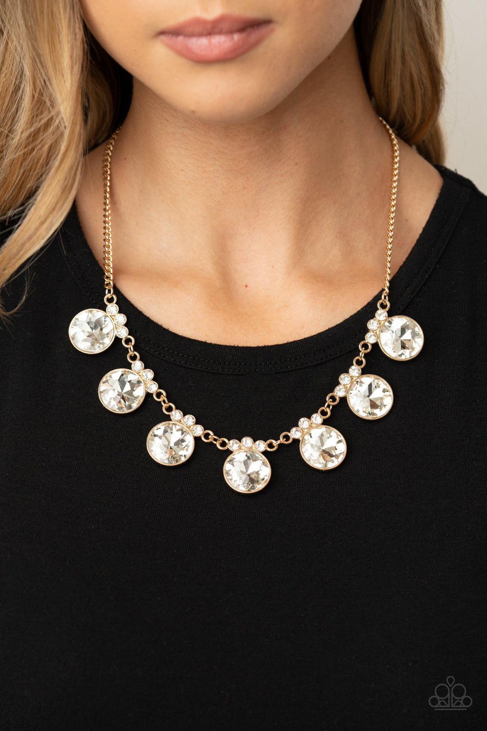 Paparazzi Necklace ~ GLOW-Getter Glamour - Gold Necklace with Oversized white gems