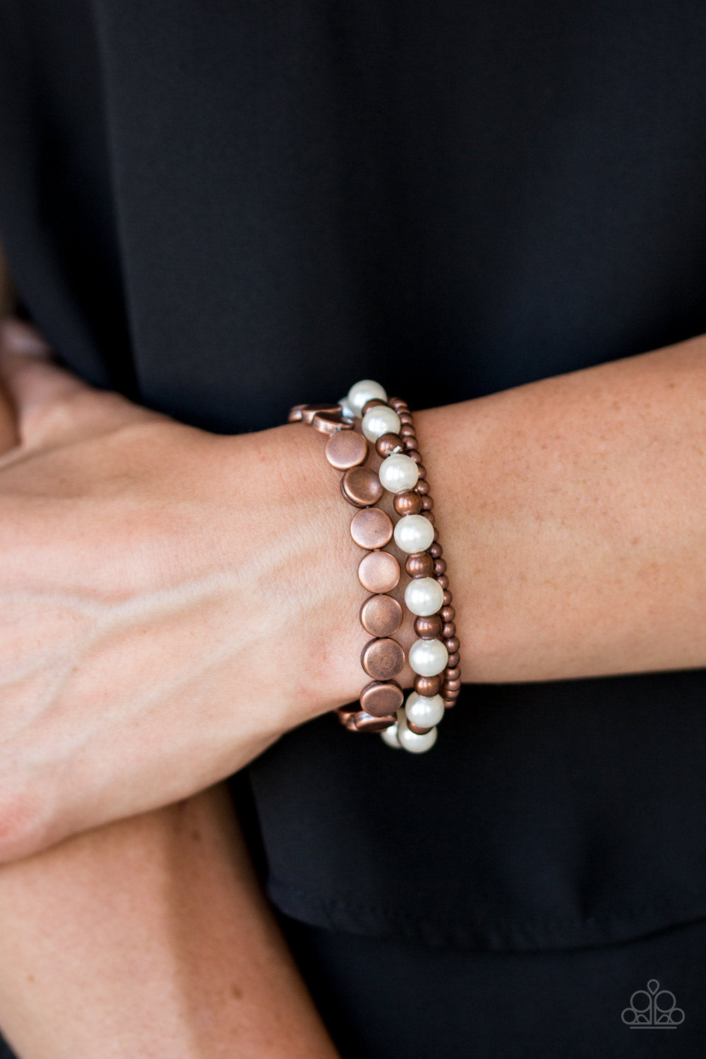 Paparazzi Bracelet ~ Girly Girl Glamour - Copper Bracelet with pearly white beads stretchy bracelet