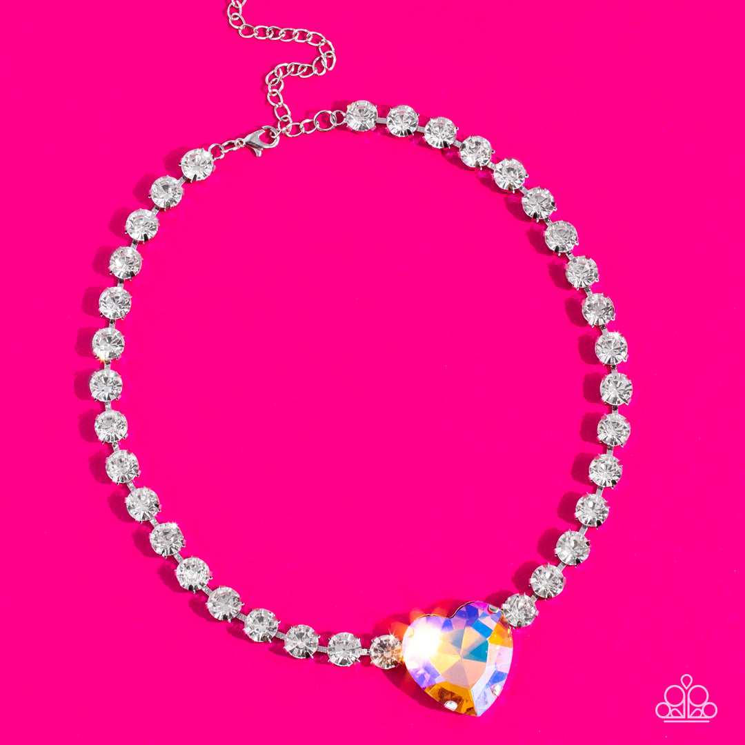 Heart in My Throat Orange Iridescent Heart Necklace Paparazzi Accessories. #P2CH-OGXX-024XX