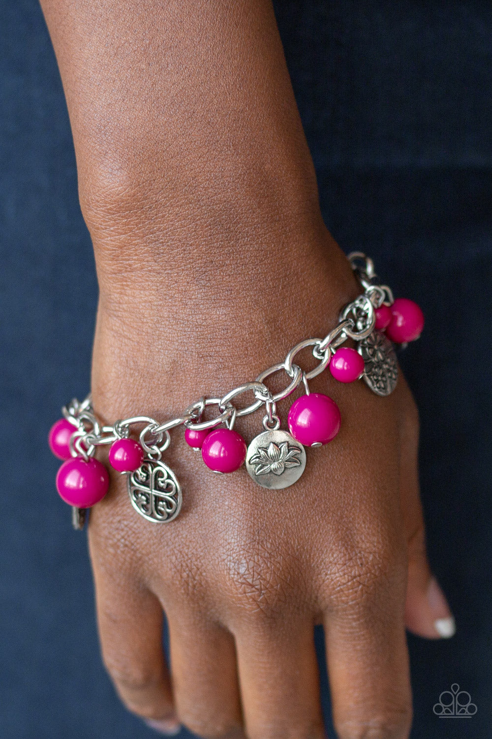 Paparazzi Bracelet ~ Lotus Lagoon - Pink Beads - Silver Flower Charms - Bracelet