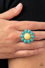 Load image into Gallery viewer, Mojave Marigold Yellow and Turquoise Floral Ring Paparazzi Accessories. Free Shipping.
