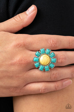 Mojave Marigold Yellow and Turquoise Floral Ring Paparazzi Accessories. Free Shipping.