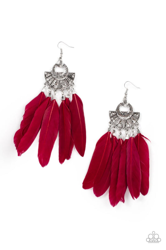 Paparazzi Plume Paradise Red Earrings $5 Feather Tassel Accessory online at AainaasTreasureBox. 