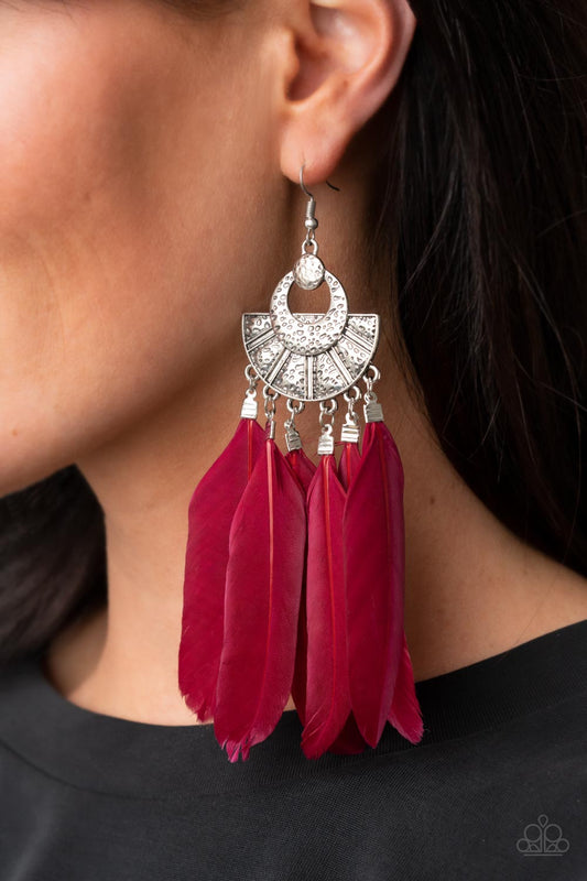 Plume Paradise Red Feather Earrings Paparazzi Accessories. #P5SE-RDXX-188XX. Get Free Shipping!