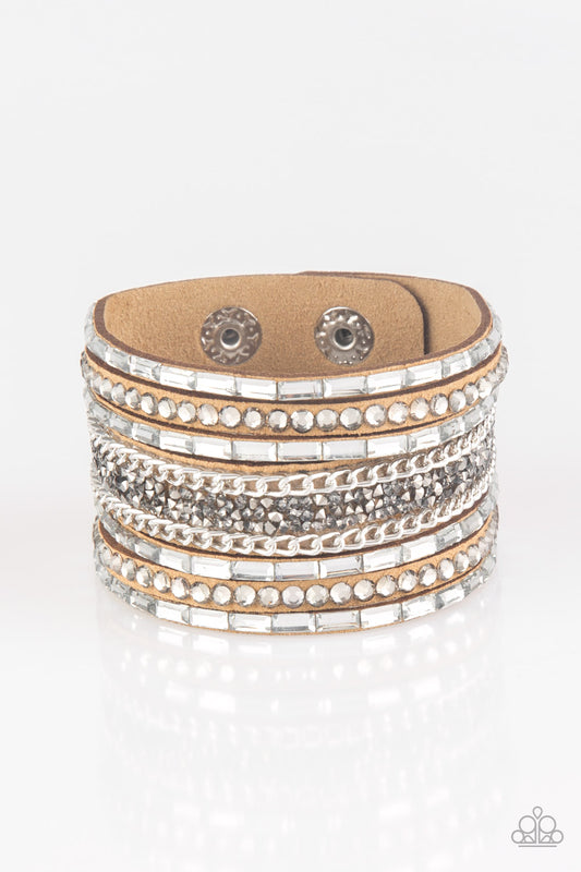 Paparazzi Rhinestone Rumble - Brown Leather Wrap Urban Bracelet