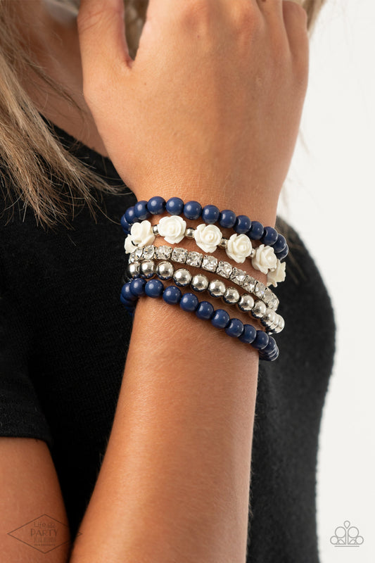 Rose Garden Grandeur Blue Stretchy Bracelet Paparazzi Accessories. #P9WH-BLXX-235XX.