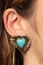 Load image into Gallery viewer, Paparazzi Rustic Romance - Brass and Turquoise Blue Stone Post Earrings. #P5PO-BRXX-059XX

