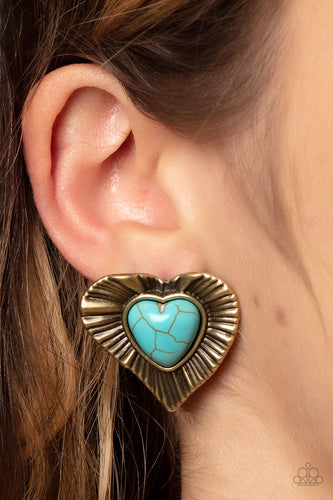 Paparazzi Rustic Romance - Brass and Turquoise Blue Stone Post Earrings. #P5PO-BRXX-059XX